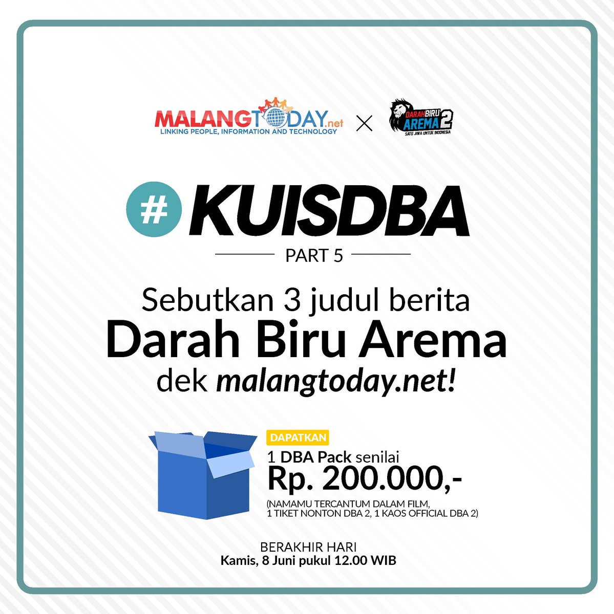DBAfilm's tweet photo. #KuisDBA x @malangtodaynet TAHAP 5 beh! Simak di IG @dbafilm, umak bisa MENCATUMKAN NAMAMU DI FILM DBA 2! #aremania #aremanita #dbafilm https://t.co/iI7PNlO3o6