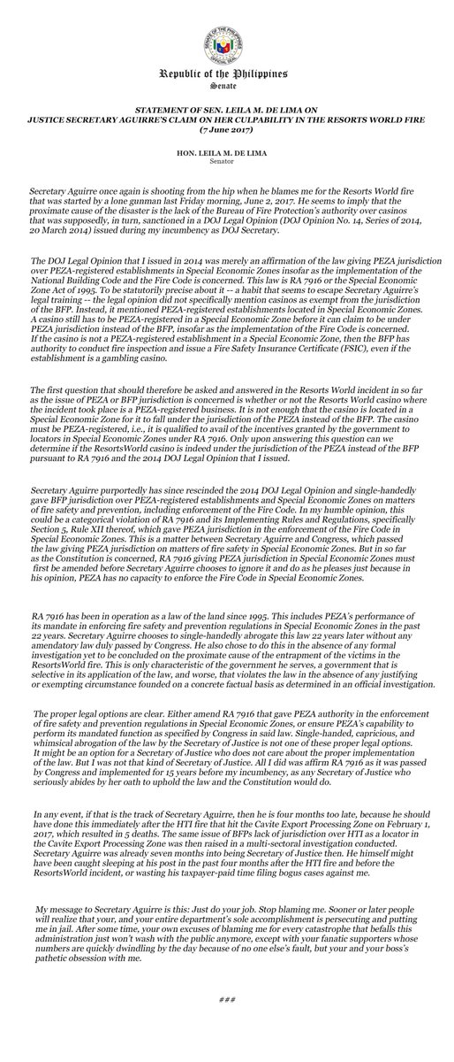 manayleila's tweet photo. #LOOK: SEN. DE LIMA ON DOJ SEC. AGUIRRE’S CLAIM ON HER CULPABILITY IN RESORTS WORLD FIRE.
#INVENTPAMORE
#Read here:https://t.co/x9j5tTou9G https://t.co/4ivQbuoJZf