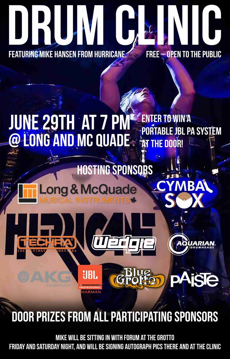 CymbalSox's tweet photo. Mike Hansen (Drummer for Hurricane) @LongMcQuade #Kamloops Thurs June 29th @ 7:00pm. #CymbalSox #BlueGrottoMusic https://t.co/wexh2oLFvb https://t.co/qOLHSDLIwD