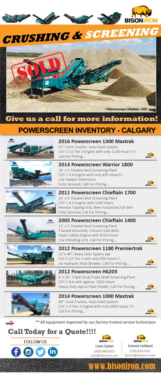 BisonIron's tweet image. Some of our current Crushing &amp;amp; Screening #Powerscreen inventory Calgary, Western Canada. #CrusherForSale @PowerscreenAB