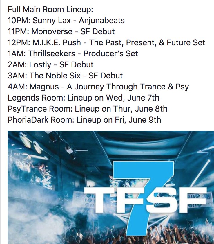 TranceFamilySF's tweet photo. #TFSF7
Main Room Lineup Complete!
Legends Room: Wednesday
PsyTrance Room: Thursday
PhoriaDark Room: Friday https://t.co/NisVnRxSWq