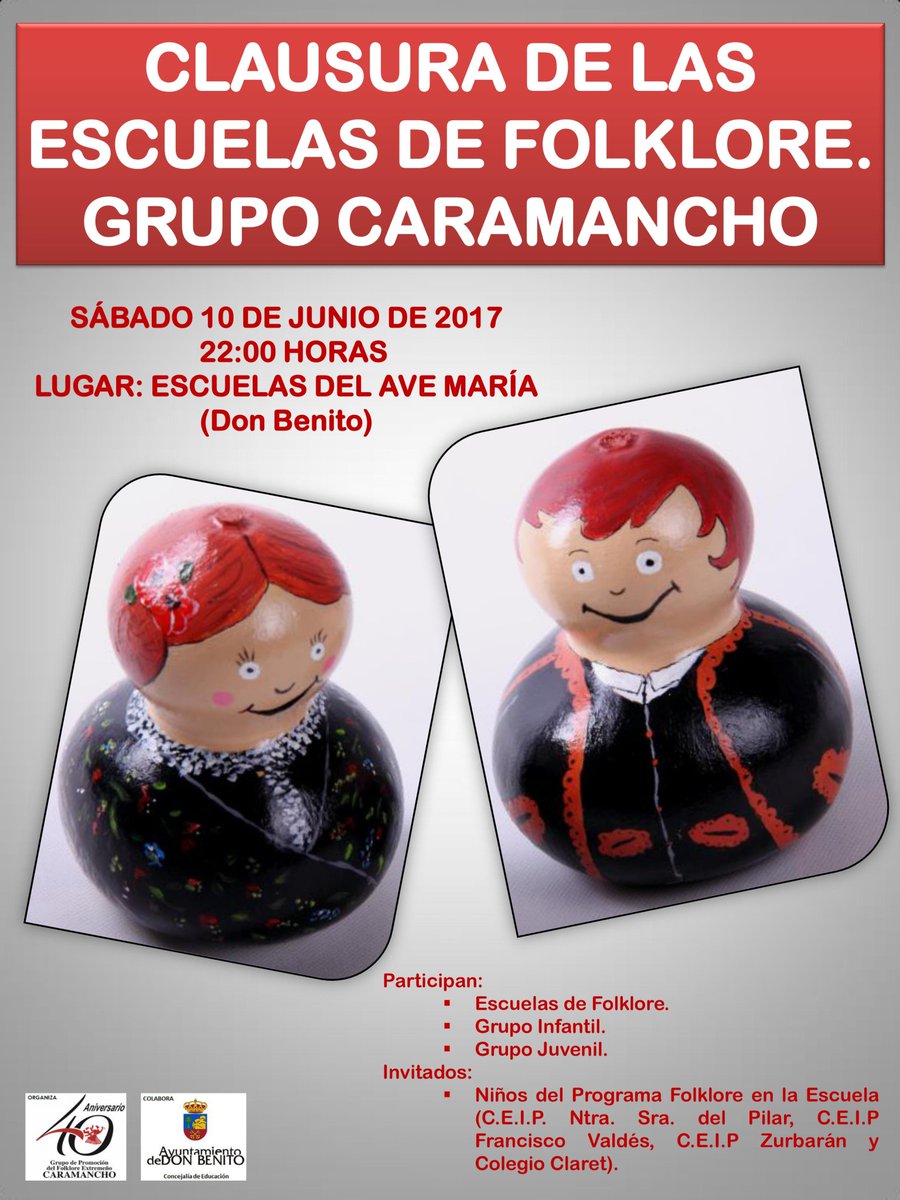 Ayto_DonBenito's tweet photo. 📆El sabado 10 de Junio a las 🕙22:00 h en el anfiteatro Ave Maria, clausura "Escuelas de Folklore. @caramancho https://t.co/HfSicd4DSM