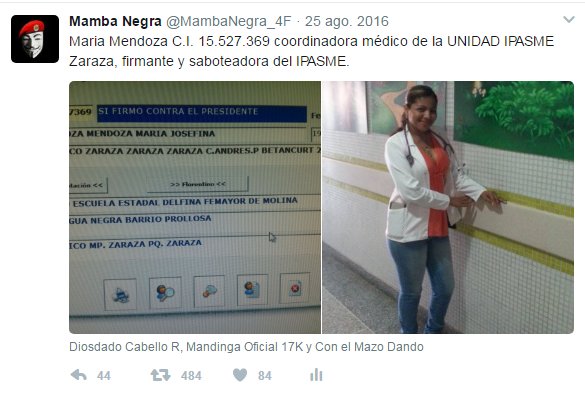 4F_Mamba's tweet photo. El 25 d agosto 2016 denuncie la medico Maria,coordinadora del IPASME #Zaraza x "firmante y saboteadora" del IPASME la cual fue despedida 1/2 https://t.co/AMr9TGlmsc