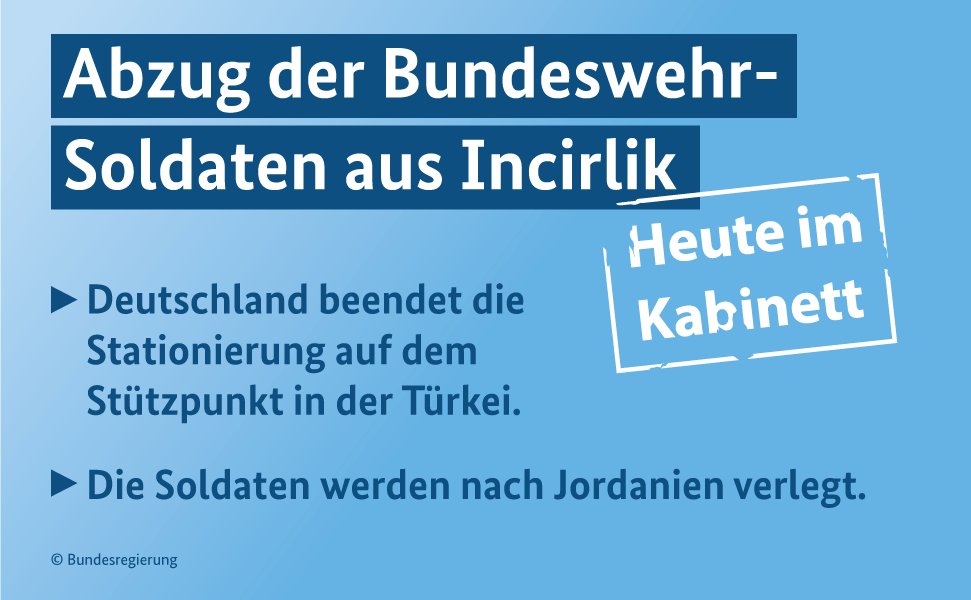 Grafik: Abzug der Bundeswehr-Soldaten aus Incirlik. Deutschland beendet die Stationierung auf dem Stützpunkt in der Türkei. Die Soldaten werden nach Jordanien verlegt. Heute im Kabinett.