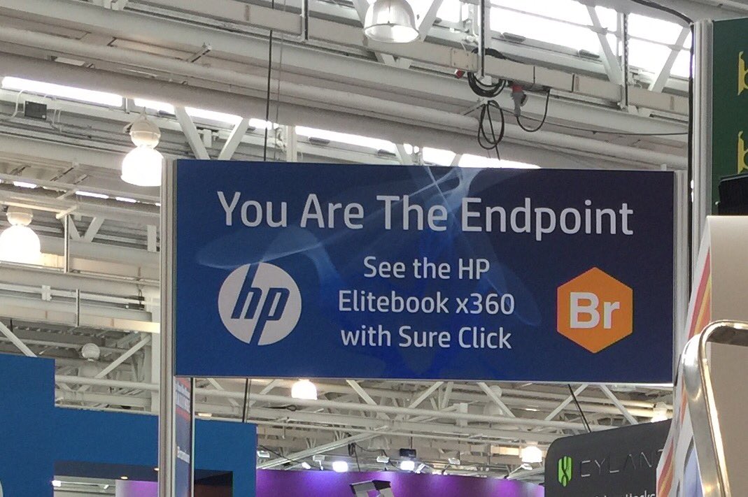 hpsecurity's tweet photo. We are demoing #HP #SureClick - security built-in not bolted on. It's on the HP Elitebook. It's so cool. #INFOSEC17 upstairs by the keynote https://t.co/GWfDixE2Bq