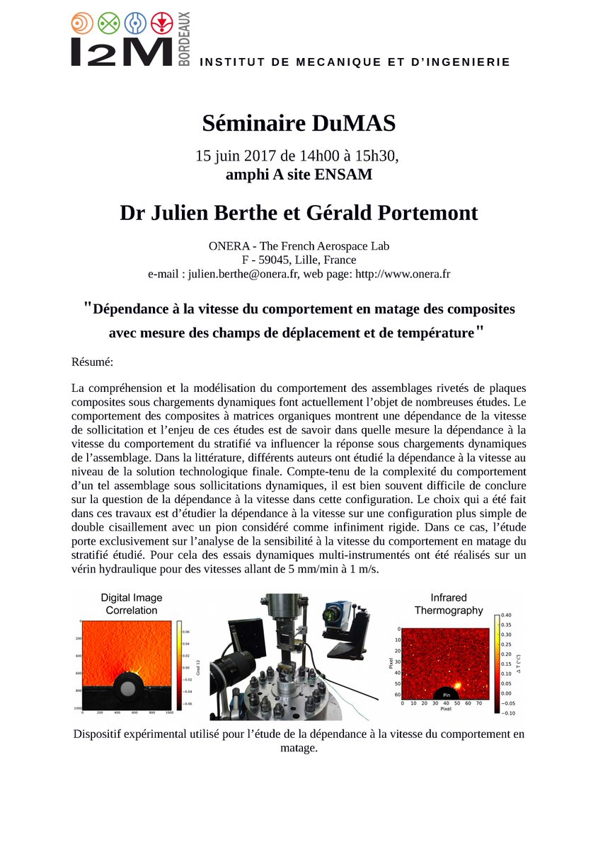 #Séminaire @LaboI2M J.BERTHE & J.PORTEMONT @onera_fr #Assemblage #Composites #Dynamique 15 JUIN 14h @AM_ParisTech lc.cx/SgRV