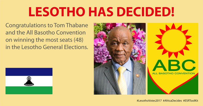 ESRHubSA's tweet image. #Lesotho has decided. Congratulations to Mr. #Thabane and the #ABC for getting the most seats.
#LesothoVotes2017
# AfricaDecides
#SADC