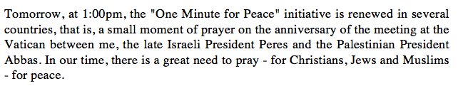 CatholicNewsSvc's tweet photo. #Pope will participate in "One Minute for Peace" prayer https://t.co/su9BT08TSj