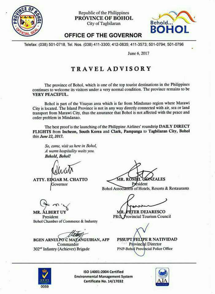 Pinakaulahing travel advisory gikan sa probinsyal nga pangagamhanan sa Bohol. 
#BeholdBohol 
#BoholIsSafe 
#VisitBohol😀👍🏻🛤🏖