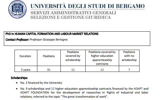 MicheTiraboschi's tweet image. Bando (in scadenza) @UniBergamo @adaptland per borse di dottorato sulle tematiche del lavoro bit.ly/2rA3n5V Grati per la diffusione