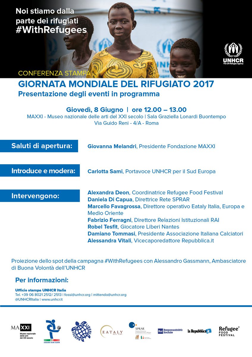 UNHCRItalia's tweet photo. #GiornataMondialedelRifugiato: eventi in programma – Conferenza Stampa, al museo @Museo_MAXXI. Modera @CarlottaSami, introduce @GioMelandri https://t.co/k4W1zexNQZ