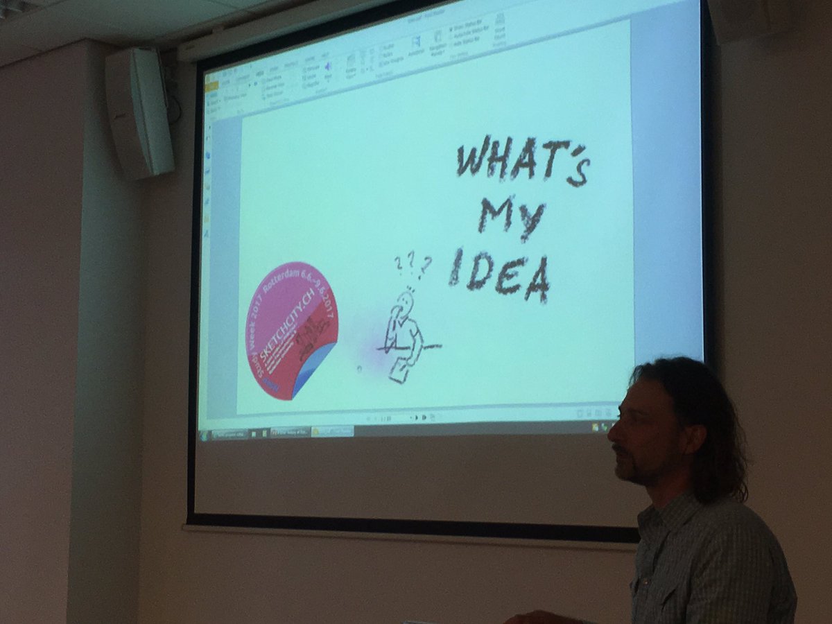 Visualisieren's tweet photo. "Sketching is about makeing things visual - just an easy way." Andeas Mädler about ideation lecture at sketchcity.ch @RDMRotterdam https://t.co/k4d9Ze7nJp