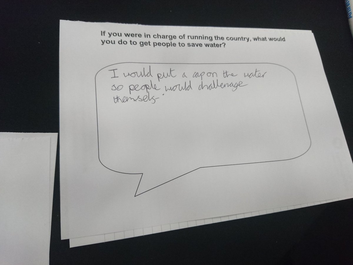 SteffWSS's tweet photo. 'If you were in charge of running the country, what would you do to help #savewater?' - 'cap water use, use rainwater' #ChallengeWater https://t.co/ypnhWcUvrN