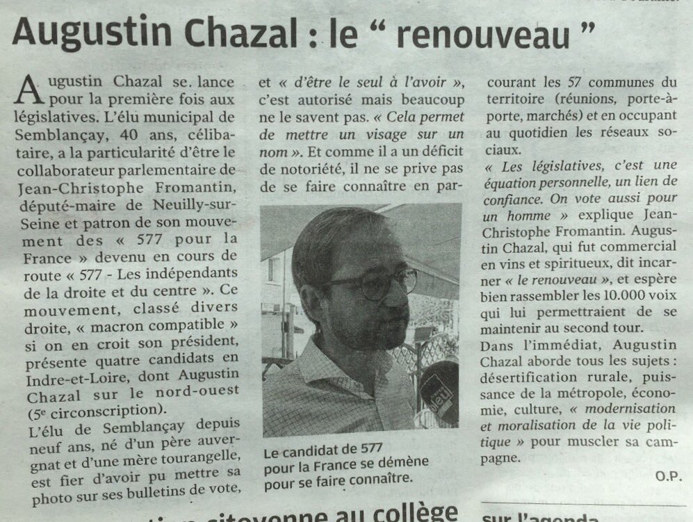 ACHAZAL's tweet photo. Le renouveau pour la Touraine ! À lire dans la @NR_Tours de ce jour #circo3705 https://t.co/cf4nd1begU https://t.co/MhXgM2TL41