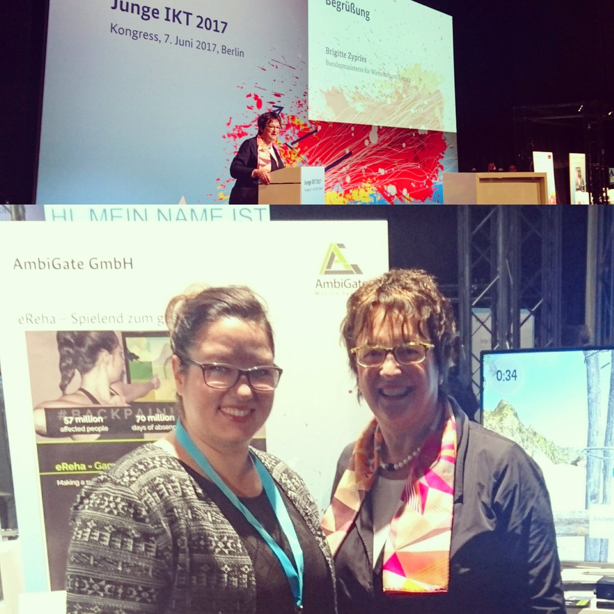 Ambi_Gate's tweet photo. Heute mit @brigittezypries beim Kongress #JungeIKT und der versprochen live-Demo 😄 von unserem System #eReha. #gamesforhealth https://t.co/tBHieBmVbk