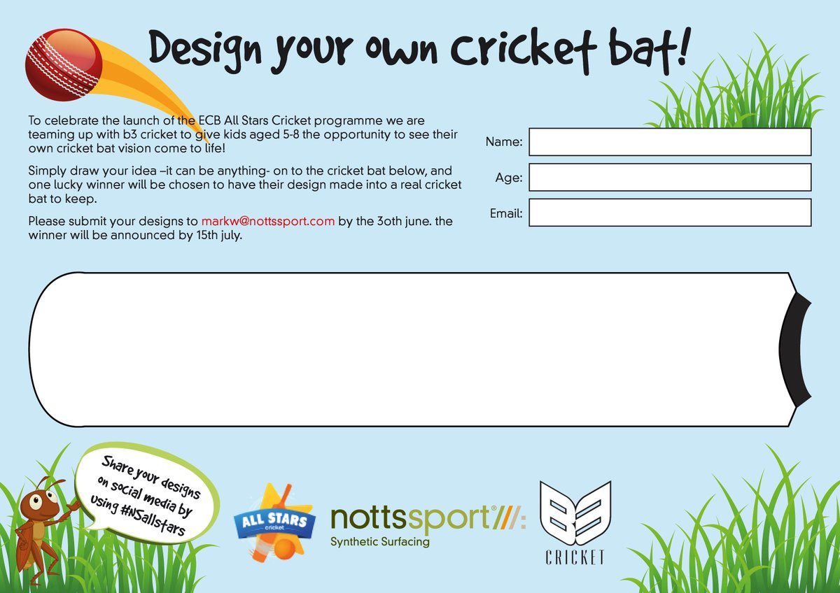 NottsSport's tweet photo. Get involved in our #Competition - you could see your design printed on a real cricket bat! #Cricket @allstarscricket @B3cricket 🏏 https://t.co/ADZtmcuwpK