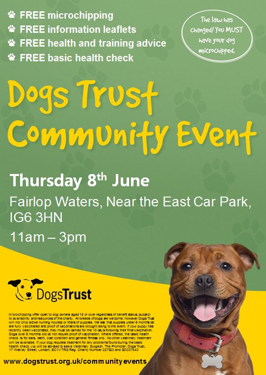 RedbridgeLive's tweet photo. Own a dog?  We're working with the Dog's Trust who are providing free microchipping, basic health checks and more in Fairlop Waters tomorrow https://t.co/eYmHf0QT4C