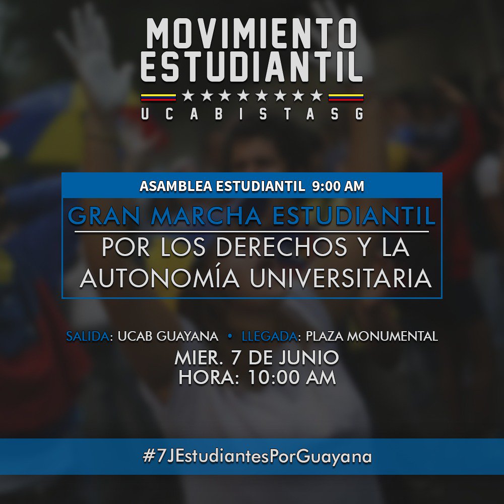 dayvicastellano's tweet photo. Hoy #7Jun las universidades de Guayana salimos a defender nuestra autonomía y nuestra determinación por tener una mejor Vzla con @RRequesens https://t.co/D060KAJ8iQ