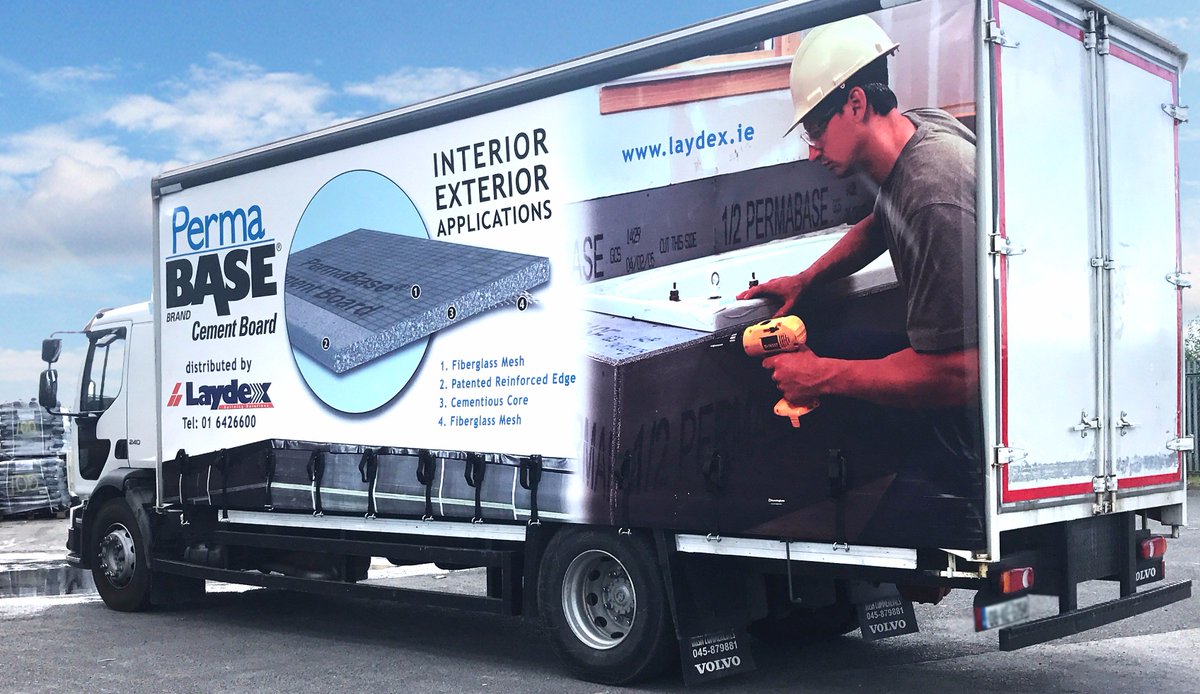 LaydexLtd's tweet photo. Keep an eye out for the Laydex branded curtains on our truck! #Laydex #PermaBase #Teranna #Decking #CementBoards https://t.co/TY0YAE9uQz