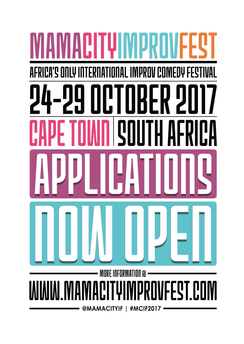MamaCityIF's tweet photo. COME PLAY IN CAPE TOWN at the end of OCTOBER 2017 - Applications for Performing Troupes NOW OPEN!  Closing 7 July.  #improv #MCIF https://t.co/sMn7WTWXCX