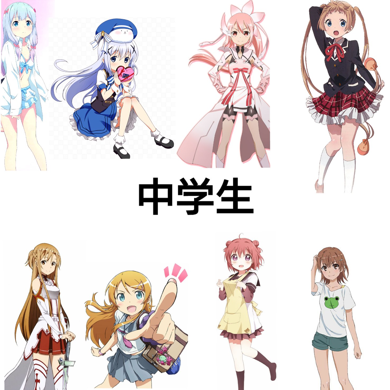 のえ みみみ Twitterissa アニメキャラクターで 中学生 と 高校生 どっちの方が好き 中学生 Rt 高校生 いいね どっちも 選べないでも可 Rt いいね アニメ１話開始時のキャラクターの年齢です アニメキャラ 中学生 高校生