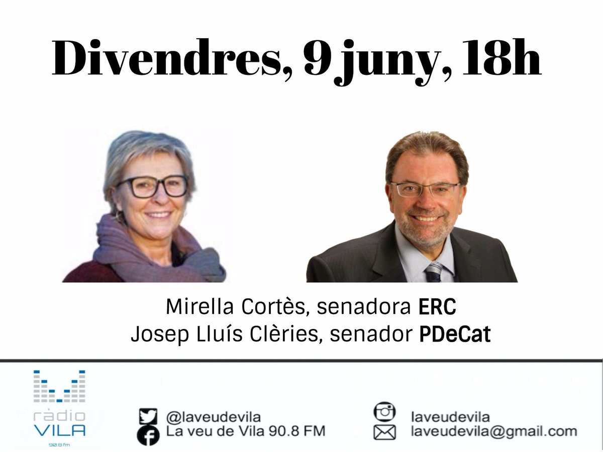 laveudevila's tweet photo. DIVENDRES entrevistem la senadora d'ERC @mirellacges i x telèfon el senador del PDeCat, @jlcleries. Coneixerem paper del #Senat. #programa73 https://t.co/4SvrzGTfCZ