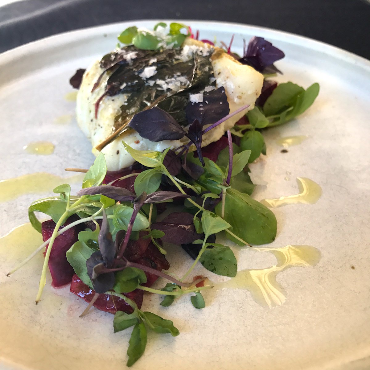 Alaskan Halibut en Papillote. Basils, togarashi pepper, radish #AlaskanHalibut