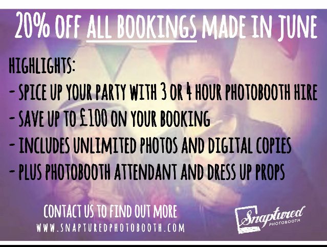 #20% off all bookings made in June. Contact us today and don't miss out on this fantastic offer. #photoboothhire snapturedphotobooth.com 🎉📸😎