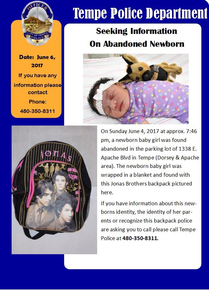 Tempe Police Department on X: Updated photo of baby girl who was found  abandoned in the parking lot & backpack that she was found with. Pls call  Tempe PD if you have