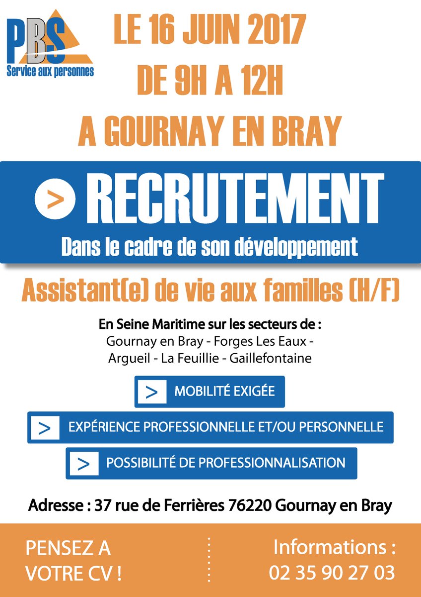 MESPaysBray's tweet photo. Avis aux Gournaisiens/Gournaisiennes et habitants des alentours!PBS organise une demi-journée de recrutement d'Aides à domicile le 16 juin ! https://t.co/JKagpysU9F