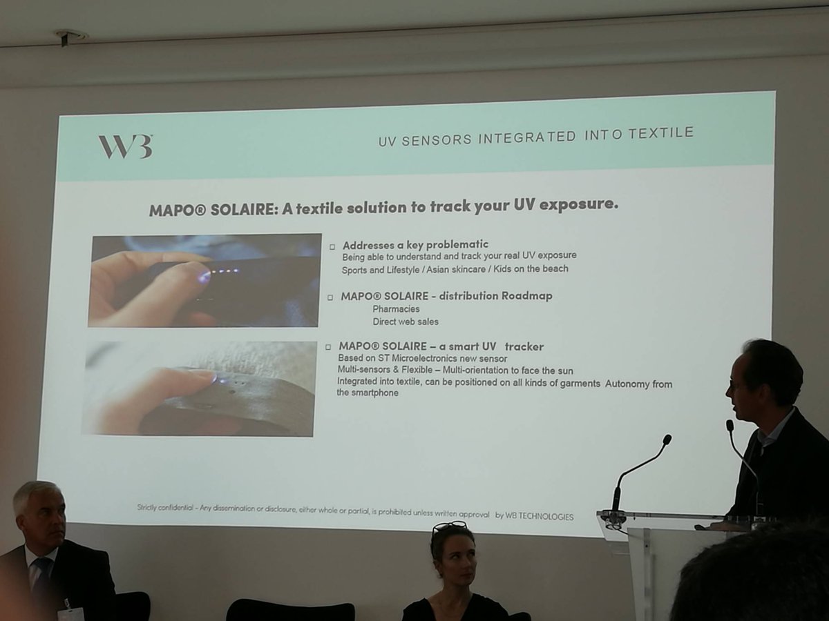 coubray's tweet photo. Conférence #JDNebeaute Un objet connecté, textile, qui me parle. Textile «mesureur» d'UV. Vivement l'été ! #IOT https://t.co/r7L4xn0xPk