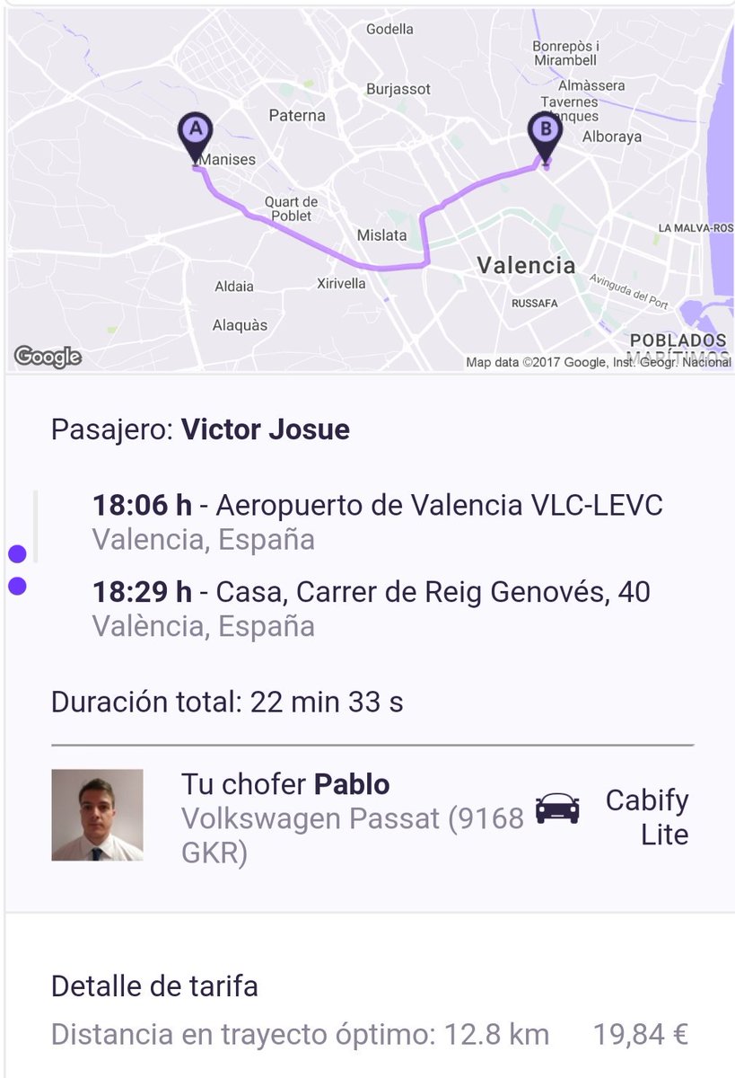 Josuetr69's tweet photo. Nada mejor llegar de viaje, te esperen y lleven a casa gracias @cabify_espana te regalo un Desct 6€ código victorjost1!!! #cabifyvalencia https://t.co/hQH2GuijzH