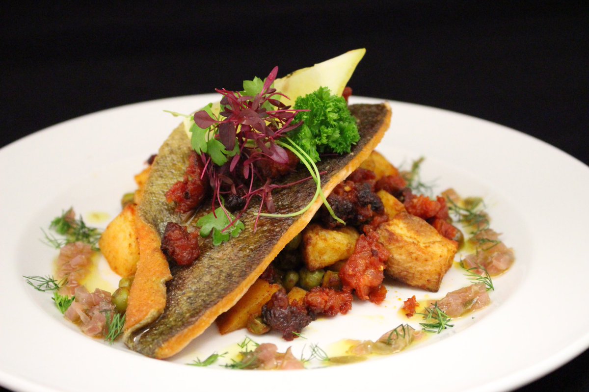 Pan fried sea trout peas &amp; #chorizo fricassée Excellent #dish  👍👍👍 <a href="/karolpawelkowa1/">Karol Kowalczyk</a> @AngelHillFood #BBCW12 #Catering  #Lunchtime #Goodfood