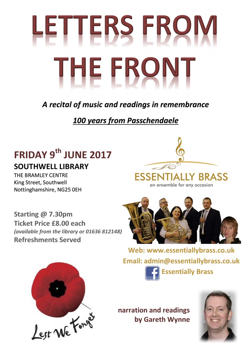 NottMusicHub's tweet photo. Join @essbrass at #SouthwellLibrary on Fri 9th June for an evening of music and poetry, marking the centenary of the Battle of Passchendaele https://t.co/0jEeNzdpeZ