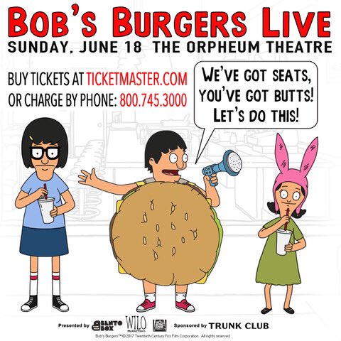 We'll be in LA for Bob's Burgers Live: Music & Comedy & Musical Comedy Revue on June 17+18! Tickets available here: bit.ly/2rUIfI7