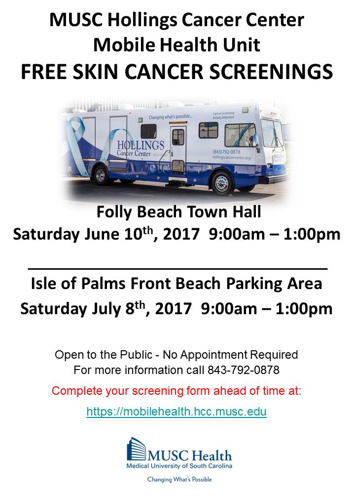 muschollings's tweet photo. Visit the HCC Mobile Van at @follybeach_com town hall 6/10 from 9-1 w/ FREE skin cancer screening @HolyCitySinner @MUSC_News @postandcourier https://t.co/Qu0HJlCnld