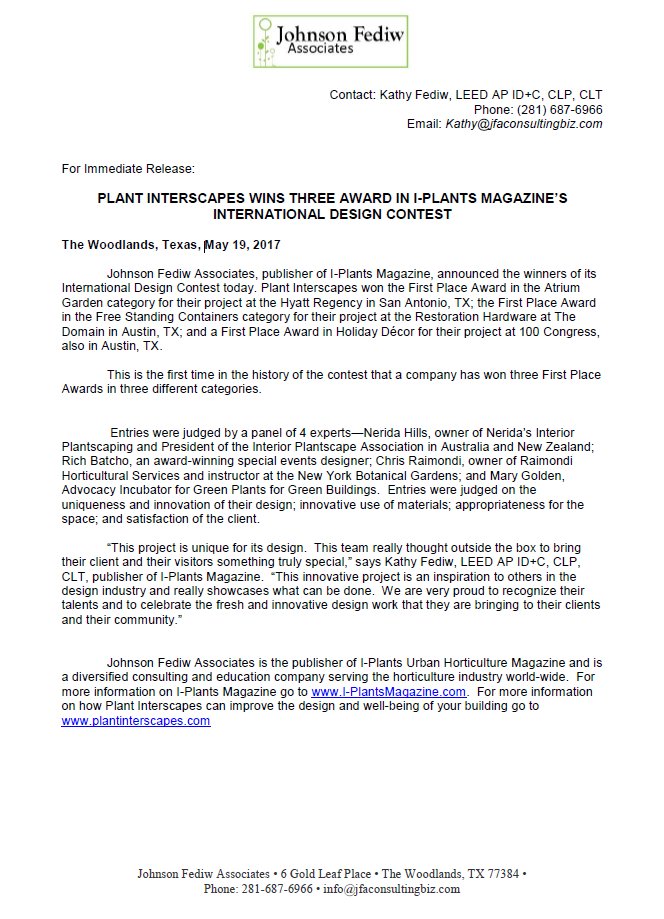 HyattRegencySA's tweet image. We would like to congratulate @KathyFediw (Plant Interscapes) on placing FIRST in the Atrium Garden category for their project here at HRSA!