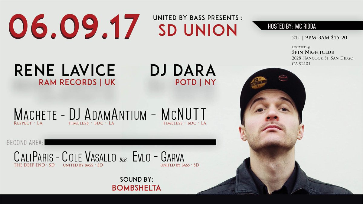 MCRidda's tweet photo. Just a couple days away from SD Union w/ @ReneLaVice , DJ Dara, @djMachete and more!
#sdunion #utdbybass #DnB #drumnbass #HouseMusic #sddnb https://t.co/5JTufkuLKs