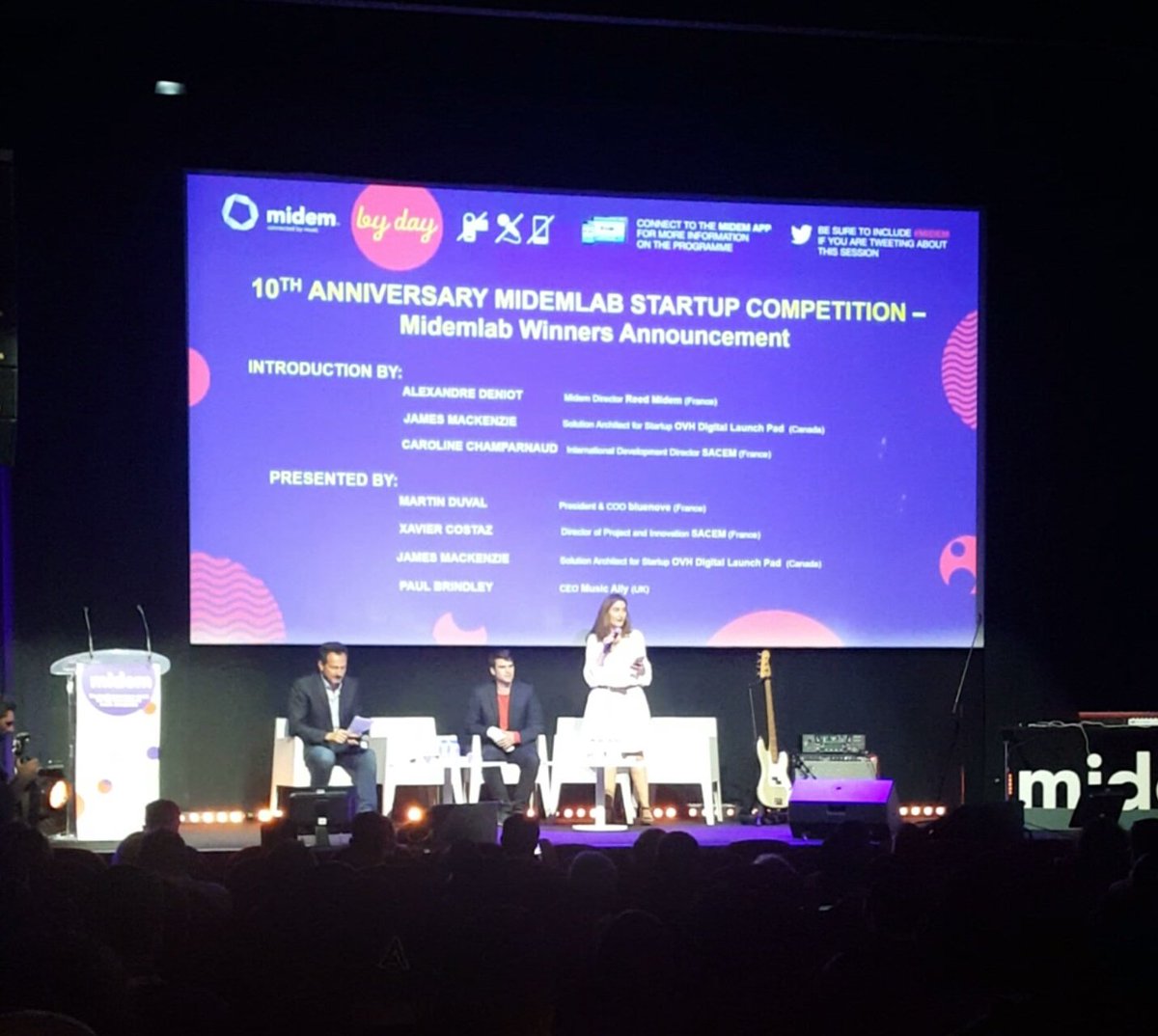 sacem's tweet photo. Caroline Champarnaud, Sacem's Intl dev director and #URights representative, on stage to introduce #Midemlab winners announcement. @midem https://t.co/ZRyWSxuO00