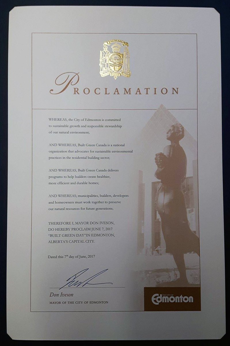 BuiltGreenCan's tweet photo. @CityofEdmonton proclaims #BuiltGreenDay, continues #SustainableDevelopment leadership #CleanAirDay #EnviroWeek #YEG https://t.co/JuyrKhU8Qy https://t.co/chu0huYSyS