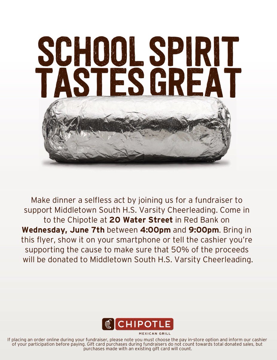 TONIGHT! Come support us at Chipotle in Red Bank 4-9 :)