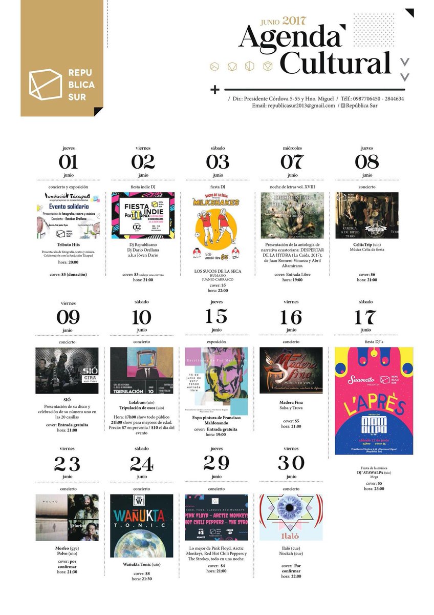 GacetaRepublica's tweet photo. Les compartimos nuestra agenda cultural de cine y de eventos, no te la puedes perder en #Republicasur! #Cuenca #eventoscuenca https://t.co/aF7v77RBEb