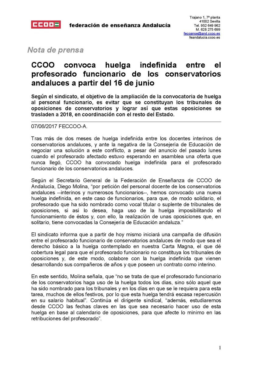 CCOOEnseMalaga's tweet photo. #NoOposConservatorio2017
#StopOposiciones2017
CCOO convoca huelga indefinida entre el profesorado funcionario de conservatorios andaluces https://t.co/dNMdYEGGXY