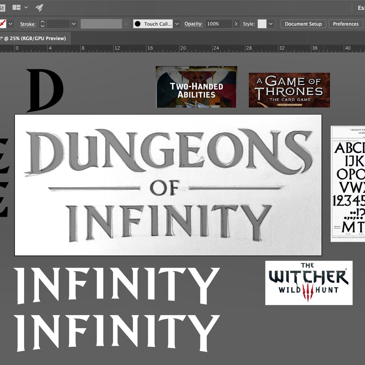 corrydamey's tweet photo. Design process for work on the #dungeonsofinfinity logo! Wait for the reveal! #lettering #design #bgg #boardgames https://t.co/4qznpoNgZb