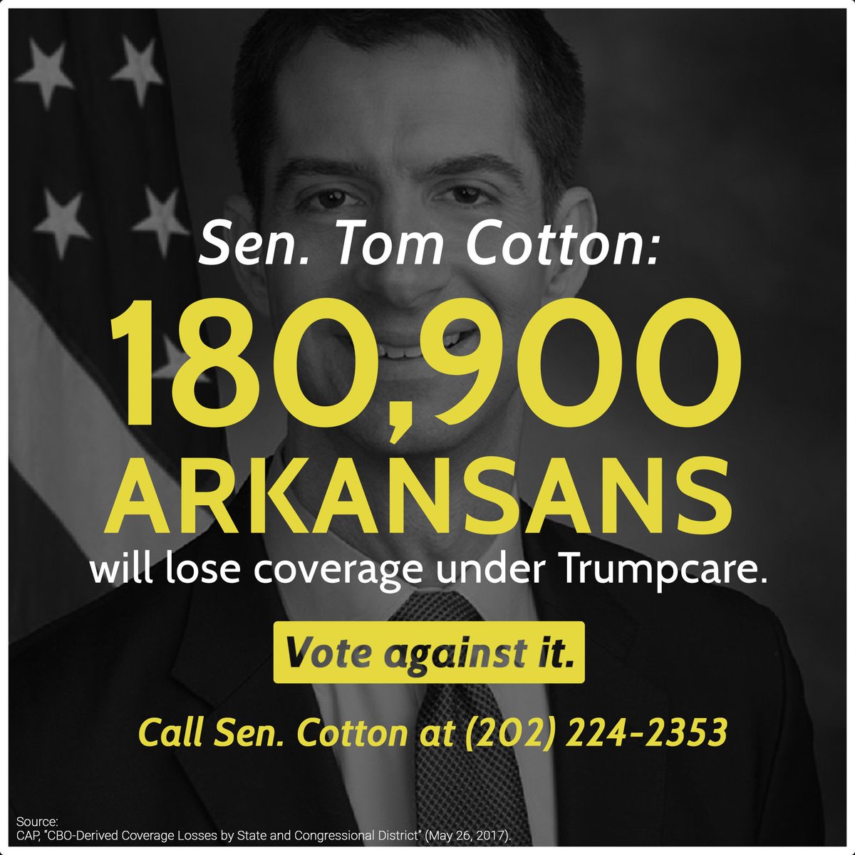 Andibpdwarrior's tweet photo. .@SenTomCotton The House voted to take Americans' health care away. Don't make the same mistake. #ResistTrumpcare https://t.co/vjbLoRFzE3