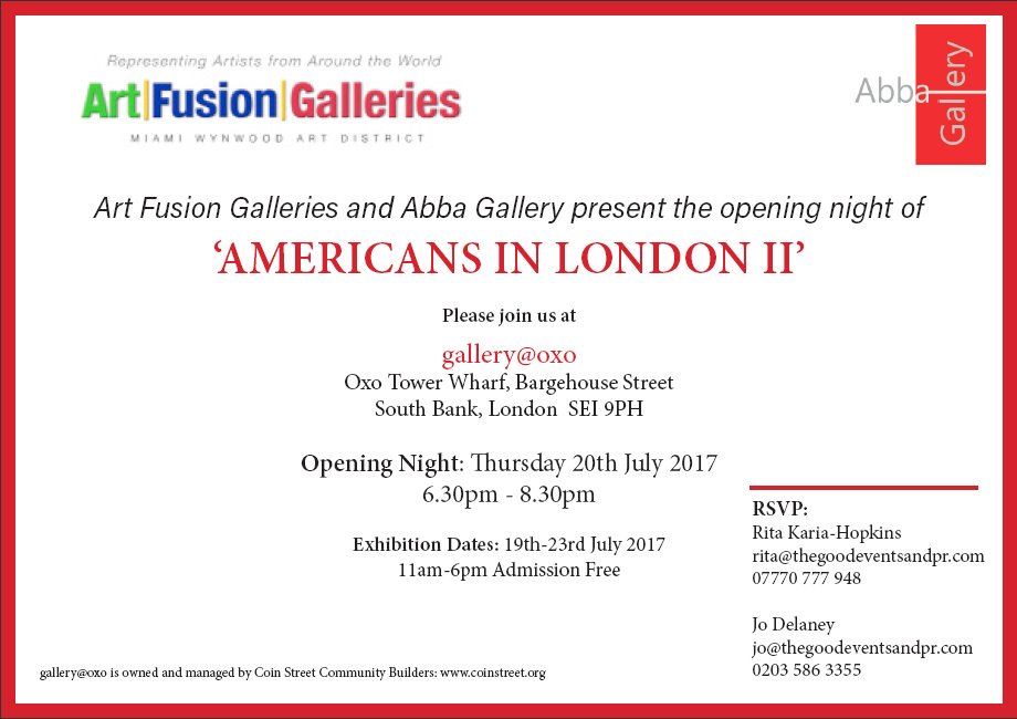 TheGoodEventsCo's tweet photo. So excited for the AMERICANS IN LONDON II Exhibit, 20th July 2017! RSVP to Jo - jo@thegoodeventsandpr.com 

#art #gallery #events #London https://t.co/IiqakPGTnz