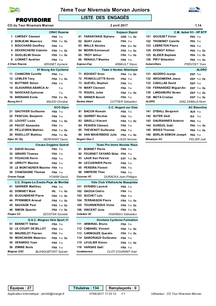 Liste provisoire des engagés. Après le désistement de l'équipe hollandaise, <a href="/ACBisontine/">AC Bisontine - DN2</a> a été retenue pour participer au #tnmelite41