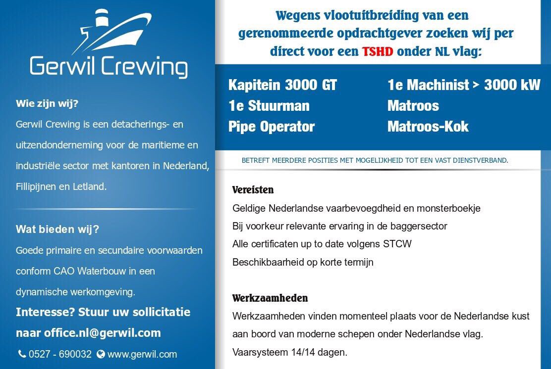 Wij zijn per direct op zoek naar een volledige bemanning baggerschip: