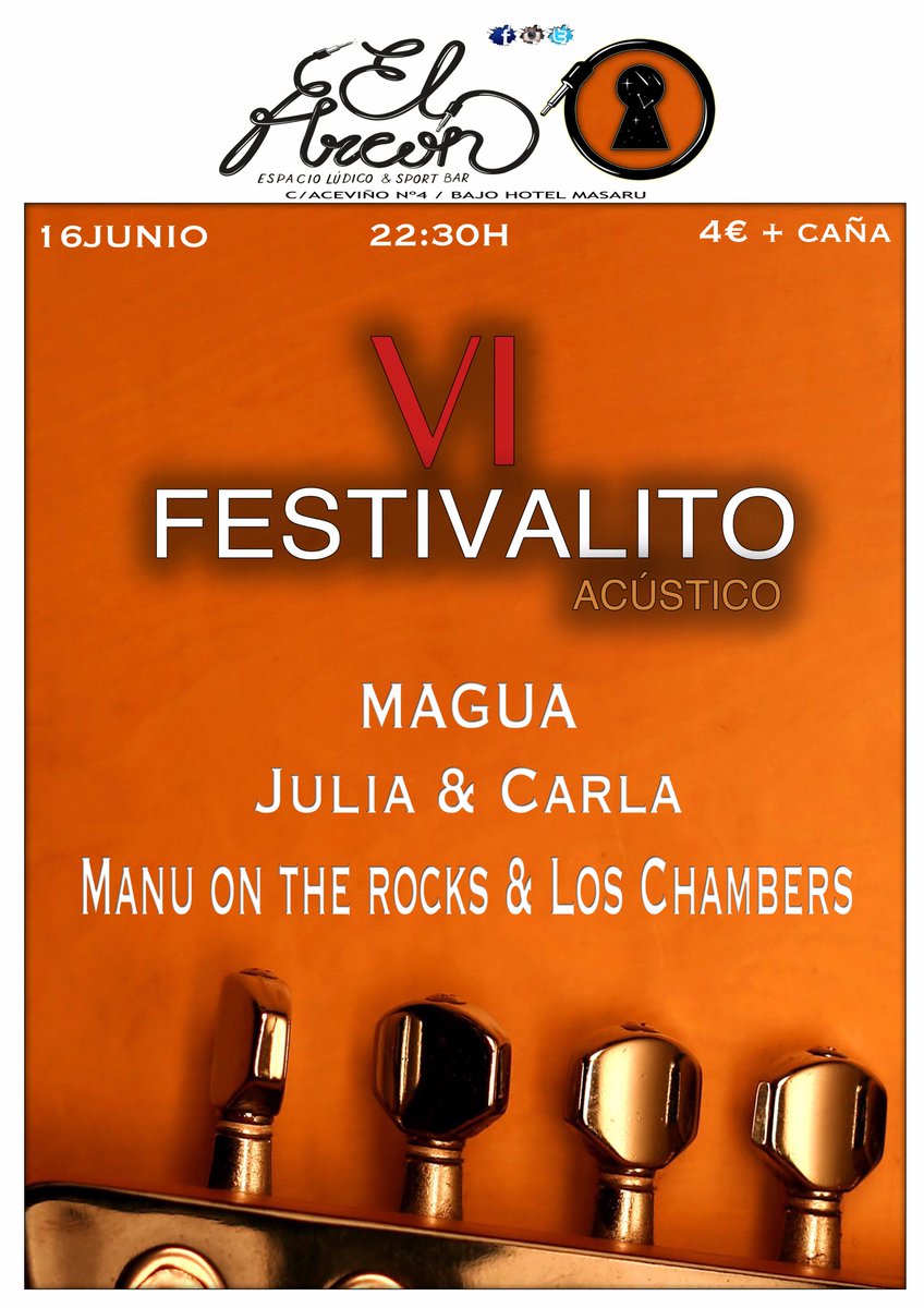 EspacioArcon's tweet photo. VI Festivalito Acústico
Viernes 16 Junio - 22:30h 
Entradas disponibles: 
La anticipada se destina a los grupos,
contacta con tu favorito. https://t.co/yUgmrbrrTp