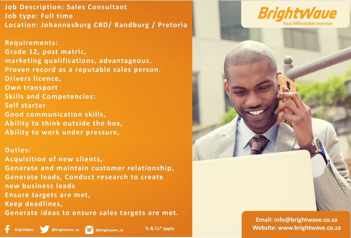 BrightWave_ZA's tweet photo. WE ARE LOOKING FOR SALE CONSULTANTS!!! #DoApply https://t.co/s62OFBh4Wk